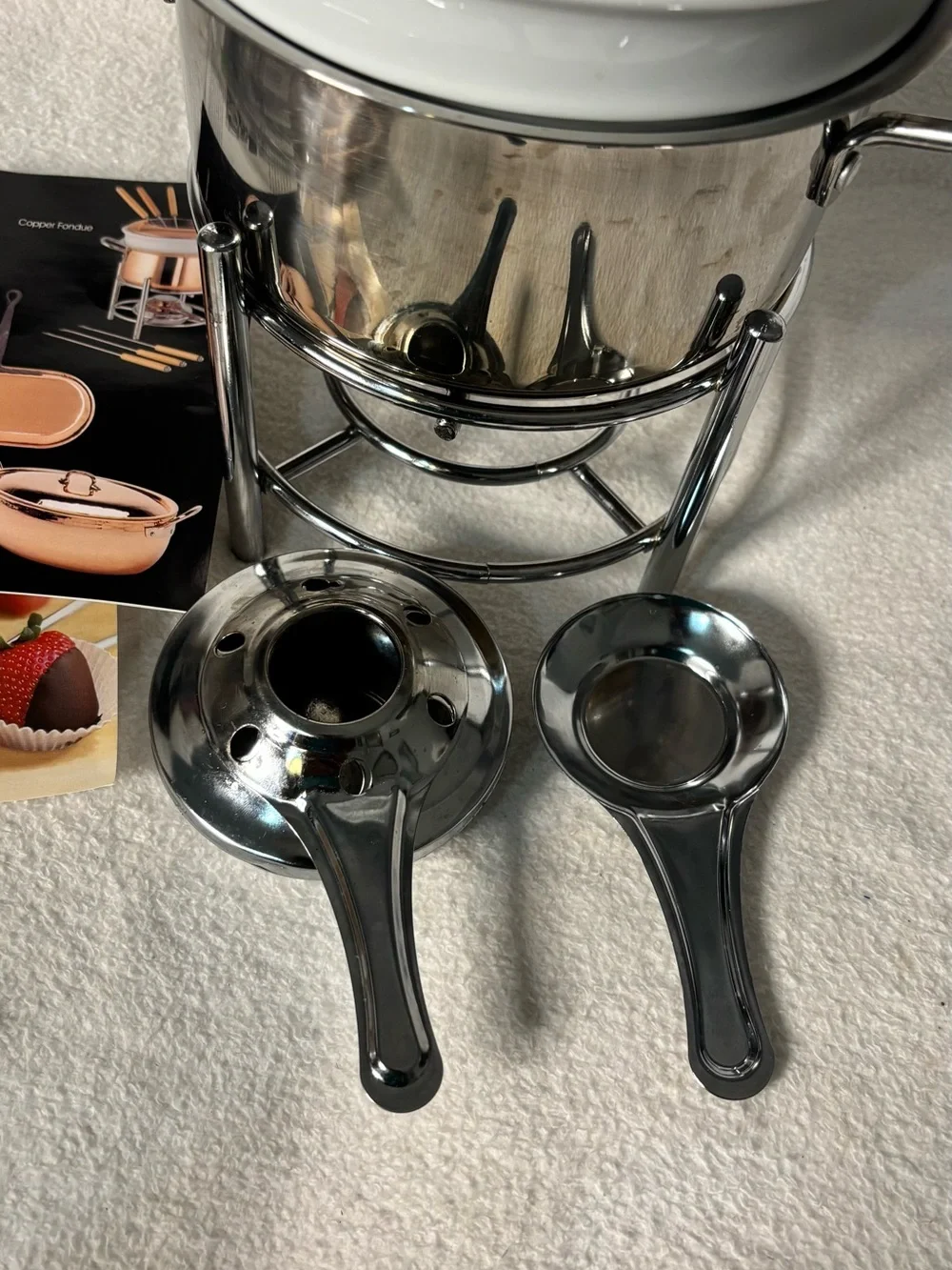 Williams Sonoma Stainless Steel and White Ceramic Fondue Set